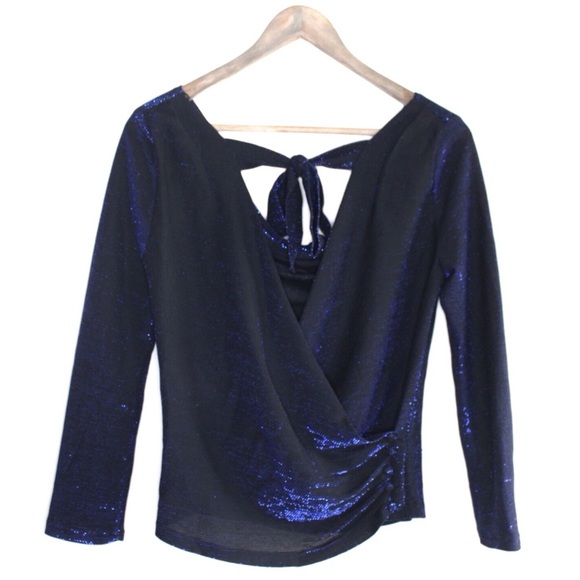 Zara NWT Shimmer Metallic Blue Draped Top with Open Draped Back & Tie Detail XS - Picture 3 of 8